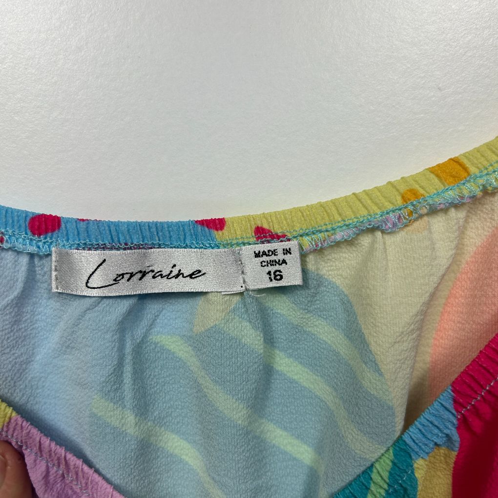 Colorful striped swimwear label detail view