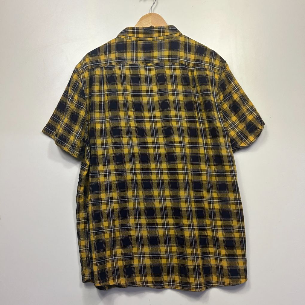 Yellow and navy plaid short sleeve shirt back view