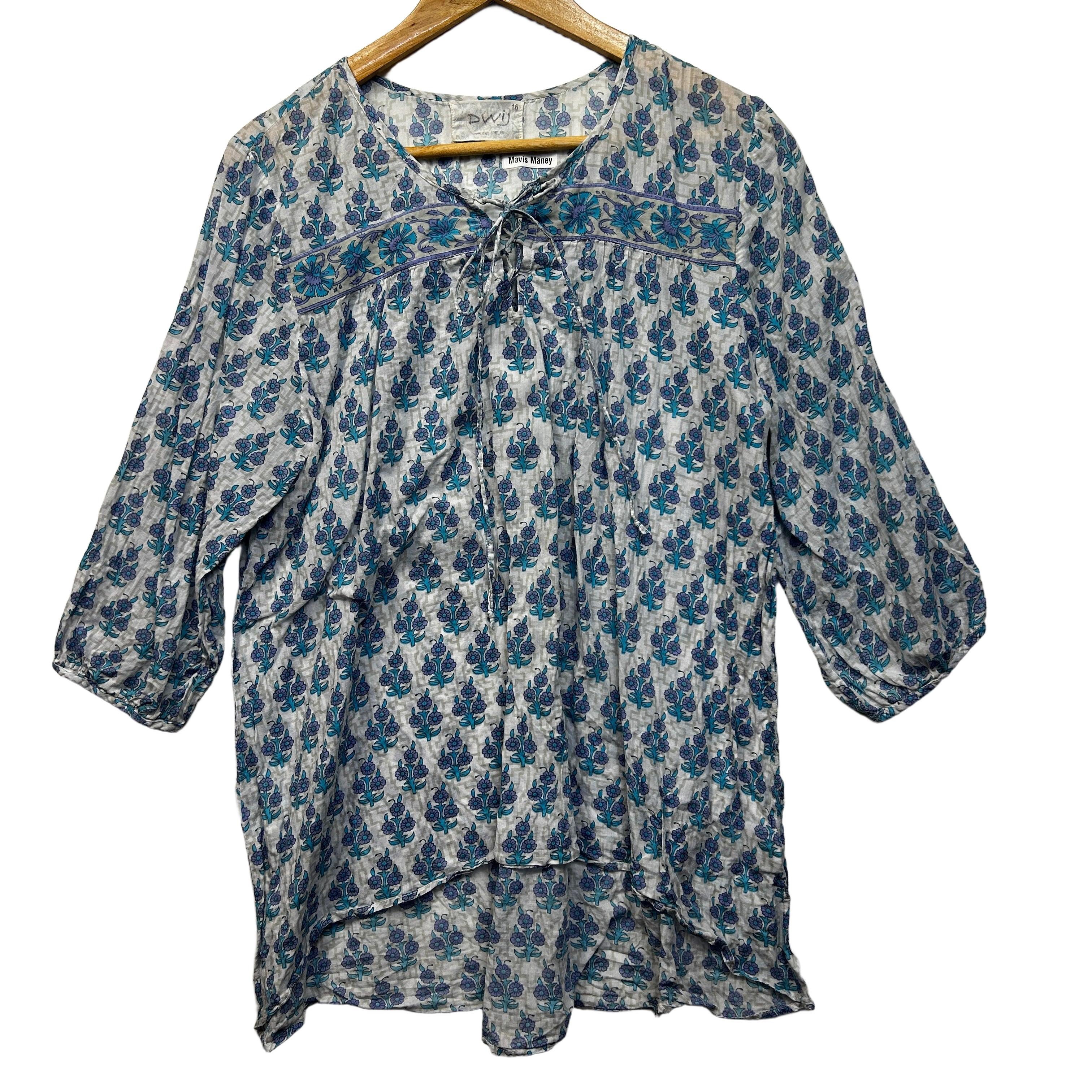 Dwij Blue Floral Cotton Top - Size 16 (Check description)