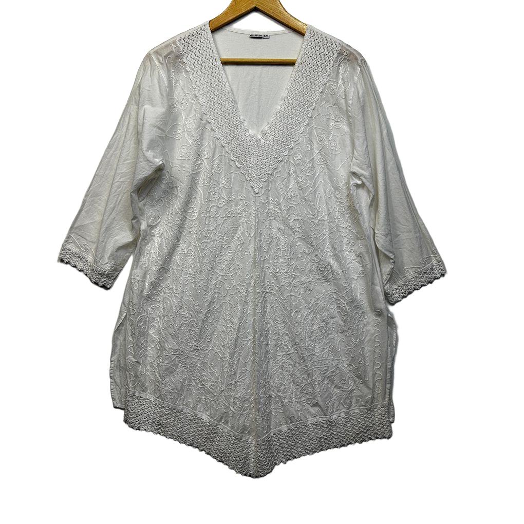 White Embroidered Cotton Boho Top - Size XXL