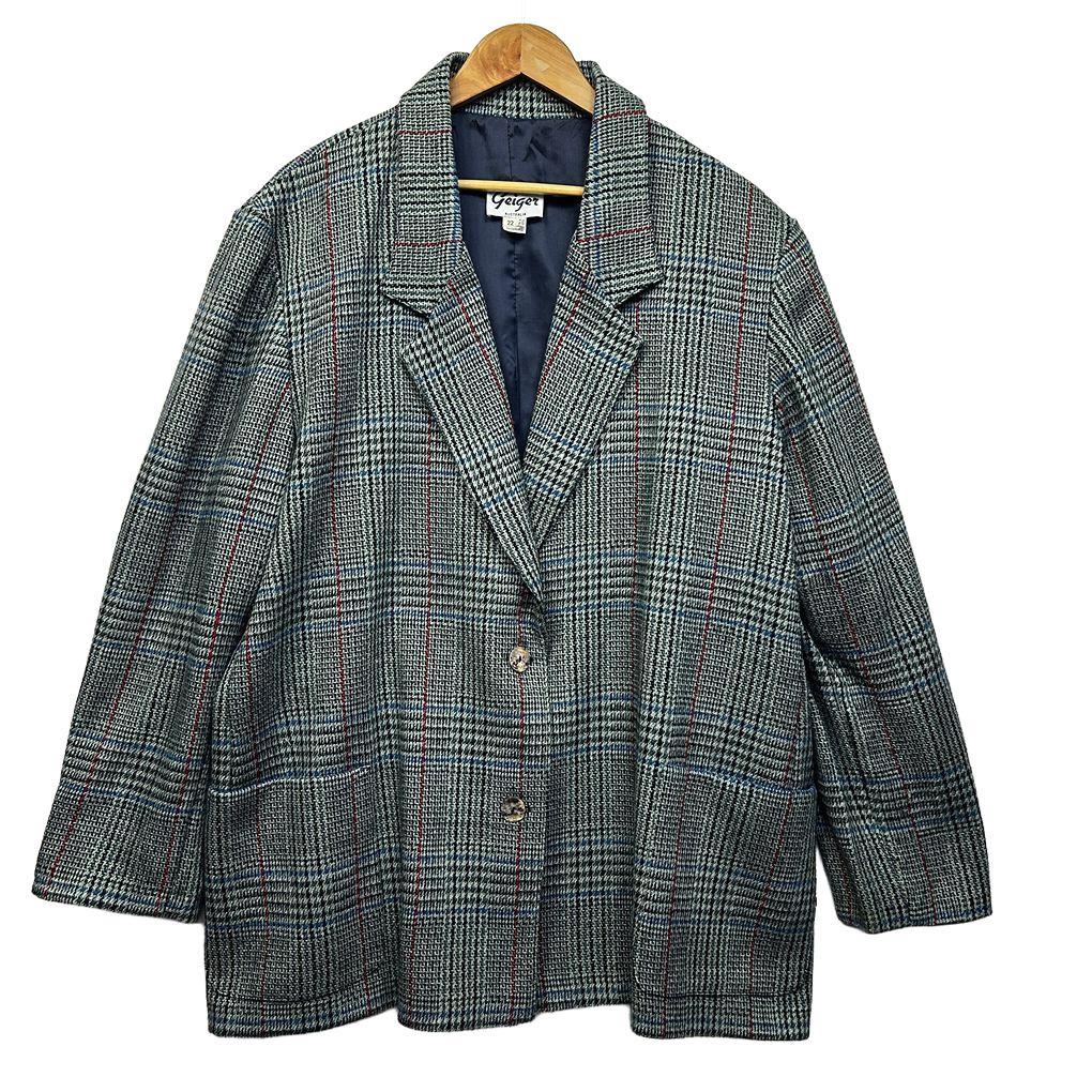 Vintage Geiger Grey Check Wool Blend Blazer Jacket - Size 22