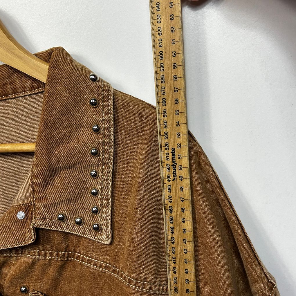 Tan Studded Oversized Boxy Cropped Denim Jacket - Size 16/18