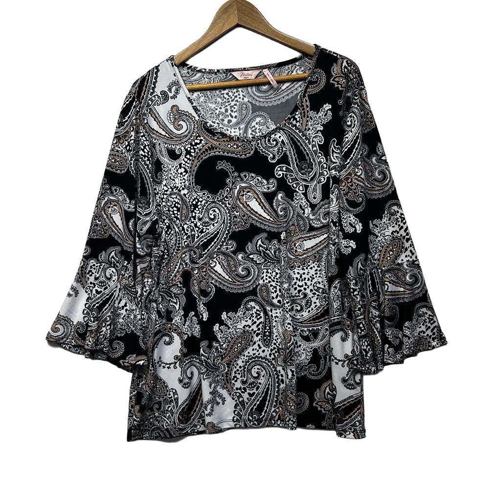 Millers Black White Paisley Bell Sleeve Top - Size 22
