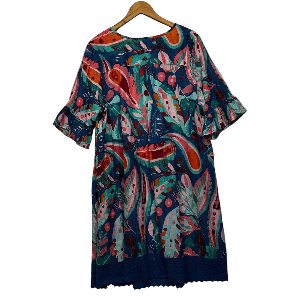One Summer Navy Multicoloured Print Cotton Dress - Size 18