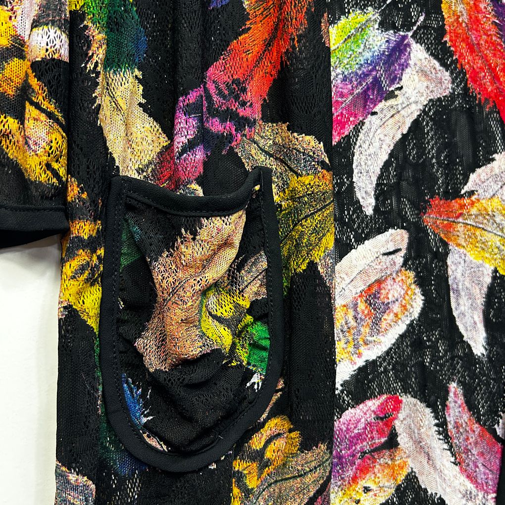 Black Feather Print Plus Size Cotton Silk Kimono - Size XXL