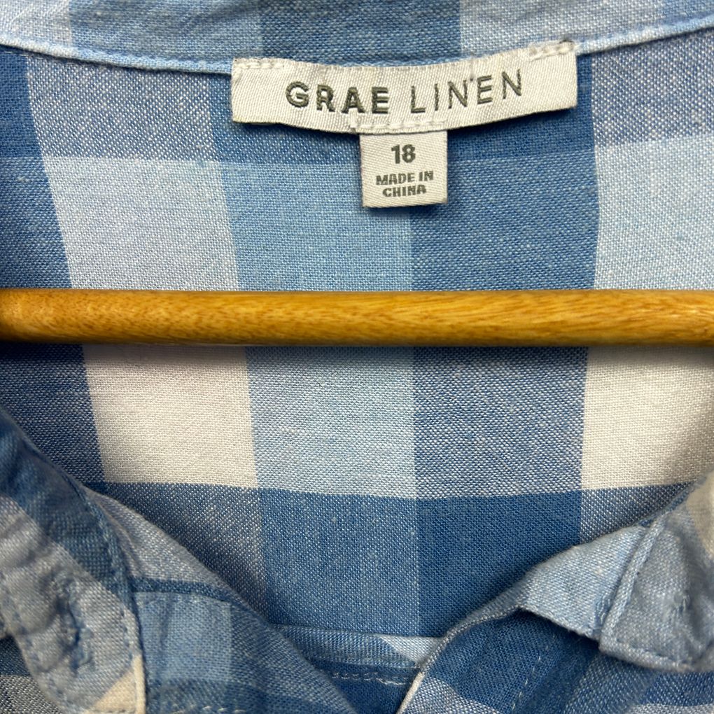 Suzanne Grae Linen Blue Check Plus Size Linen Shirt - Size 18