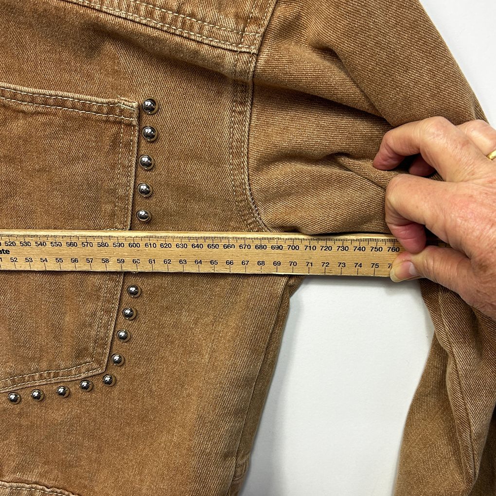 Tan Studded Oversized Boxy Cropped Denim Jacket - Size 16/18