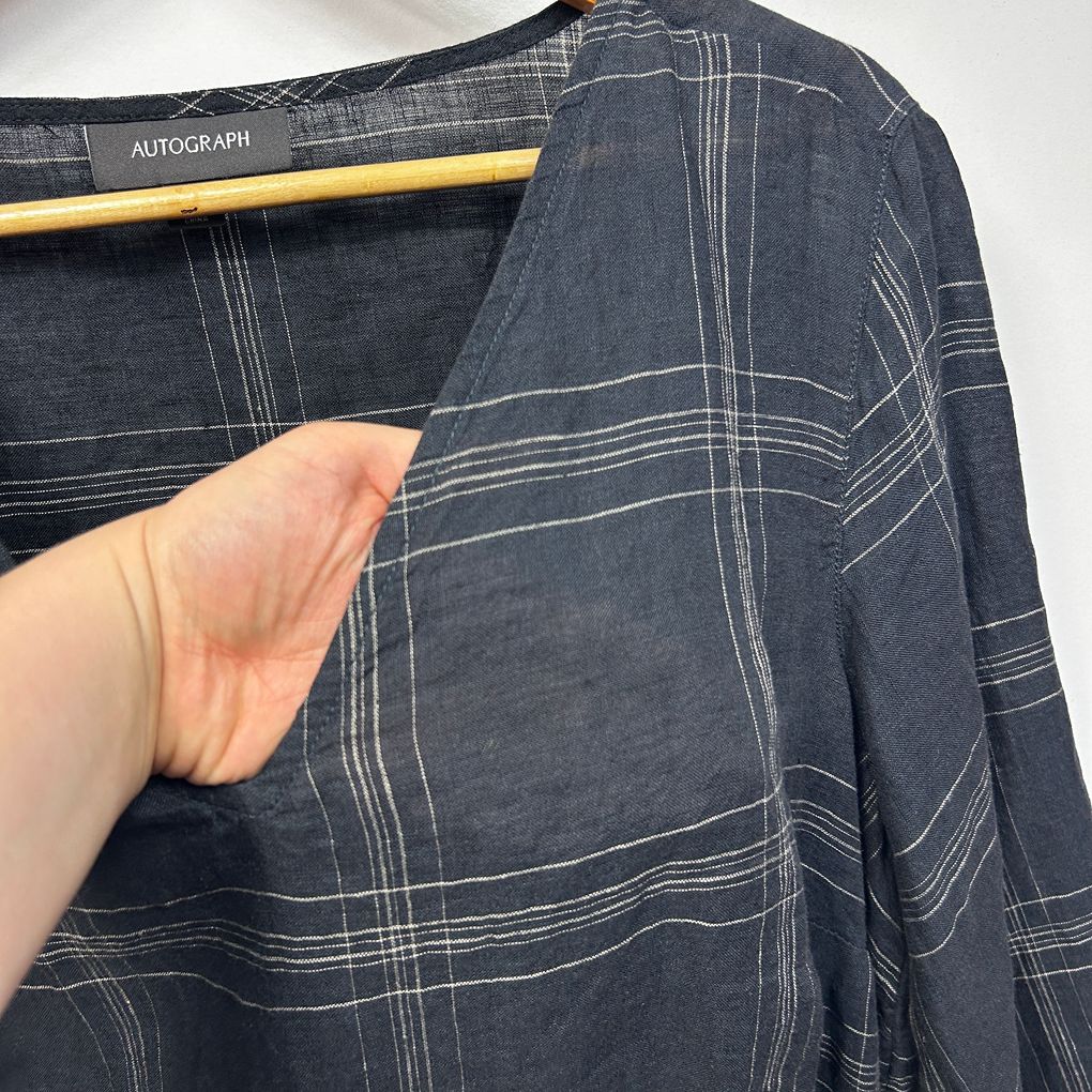 Autograph Grey Check Plus Size Longline Linen Tunic Top - Size 16