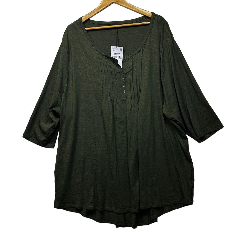 Yours Green Plus Size Cotton Henley Top - Size 30-32