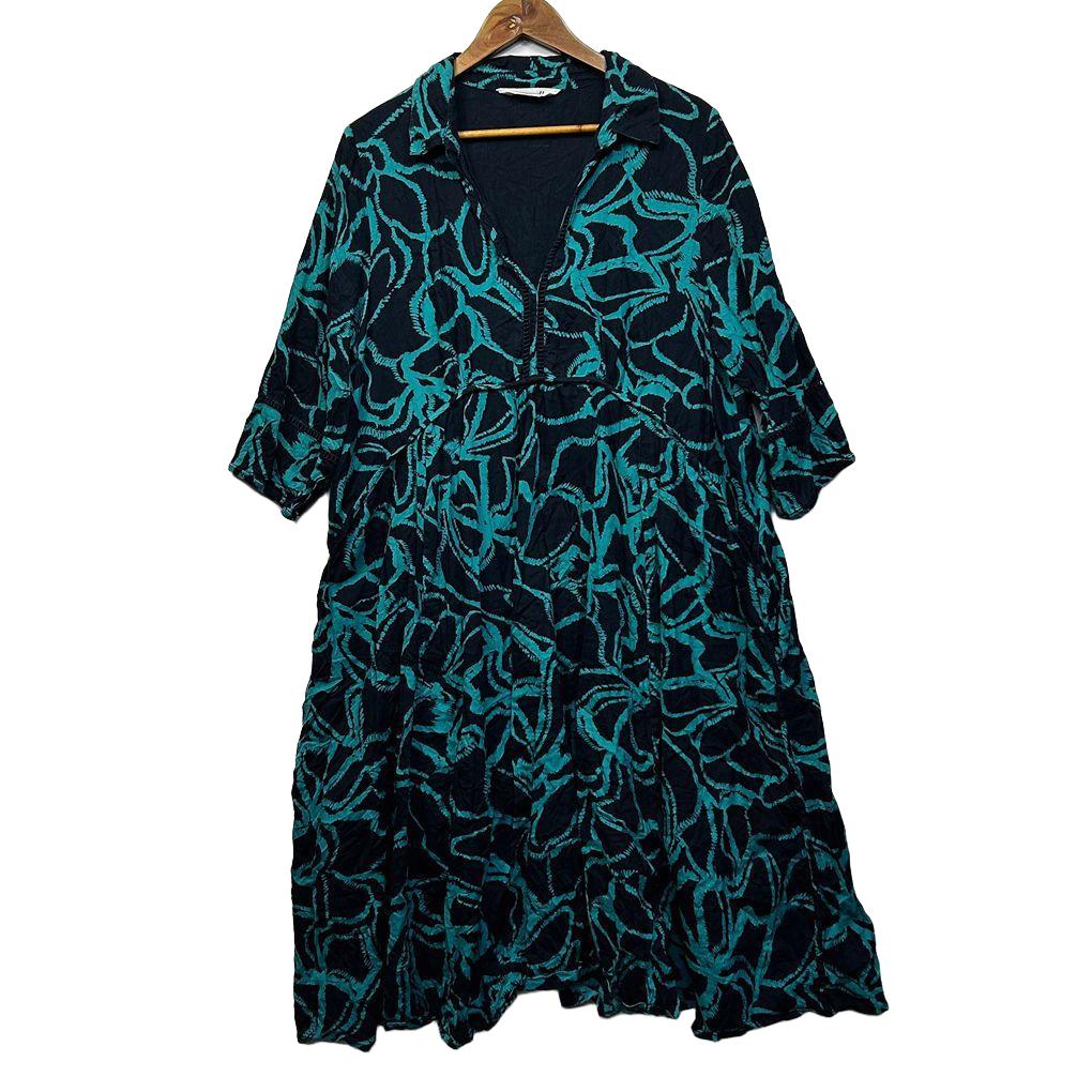 Virtuelle Navy Teal Print Cotton Dress - Size 16