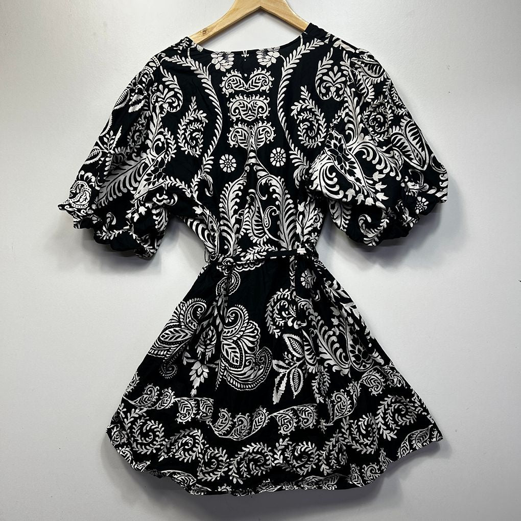 & me Black White Paisley Puff Sleeveless Cotton Dress - Size 18