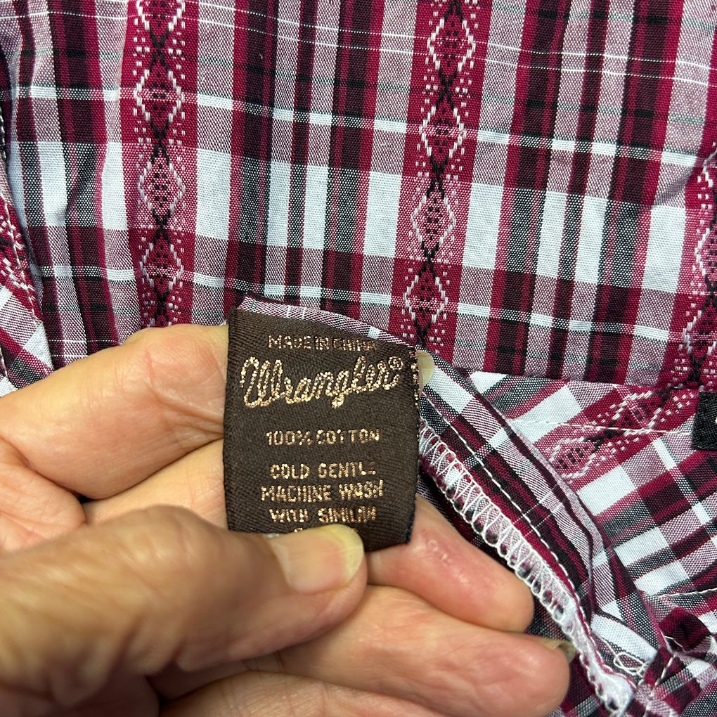Wrangler Burgundy Plaid Pearl Snap Cotton Shirt - Size 16