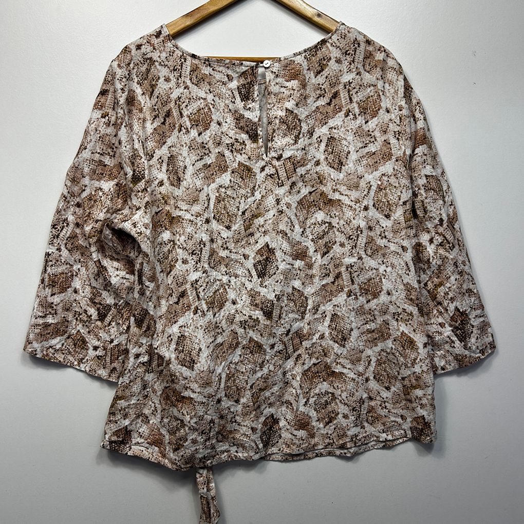 Sussan Brown Snake Print Linen Top - Size 18