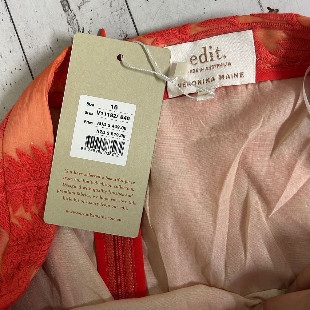 Veronika Maine Edit Silk Embroidered Tiered Ruffle Peach Midi Skirt - Size 16 RRP $449