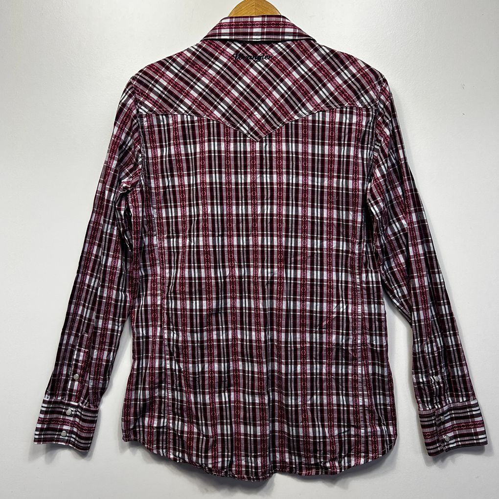 Wrangler Burgundy Plaid Pearl Snap Cotton Shirt - Size 16