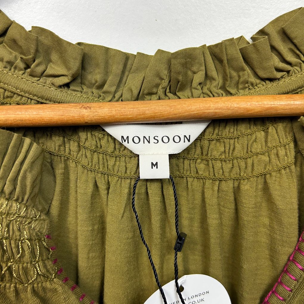 Monsoon Olive Embroidered Cotton Top - Size M/12