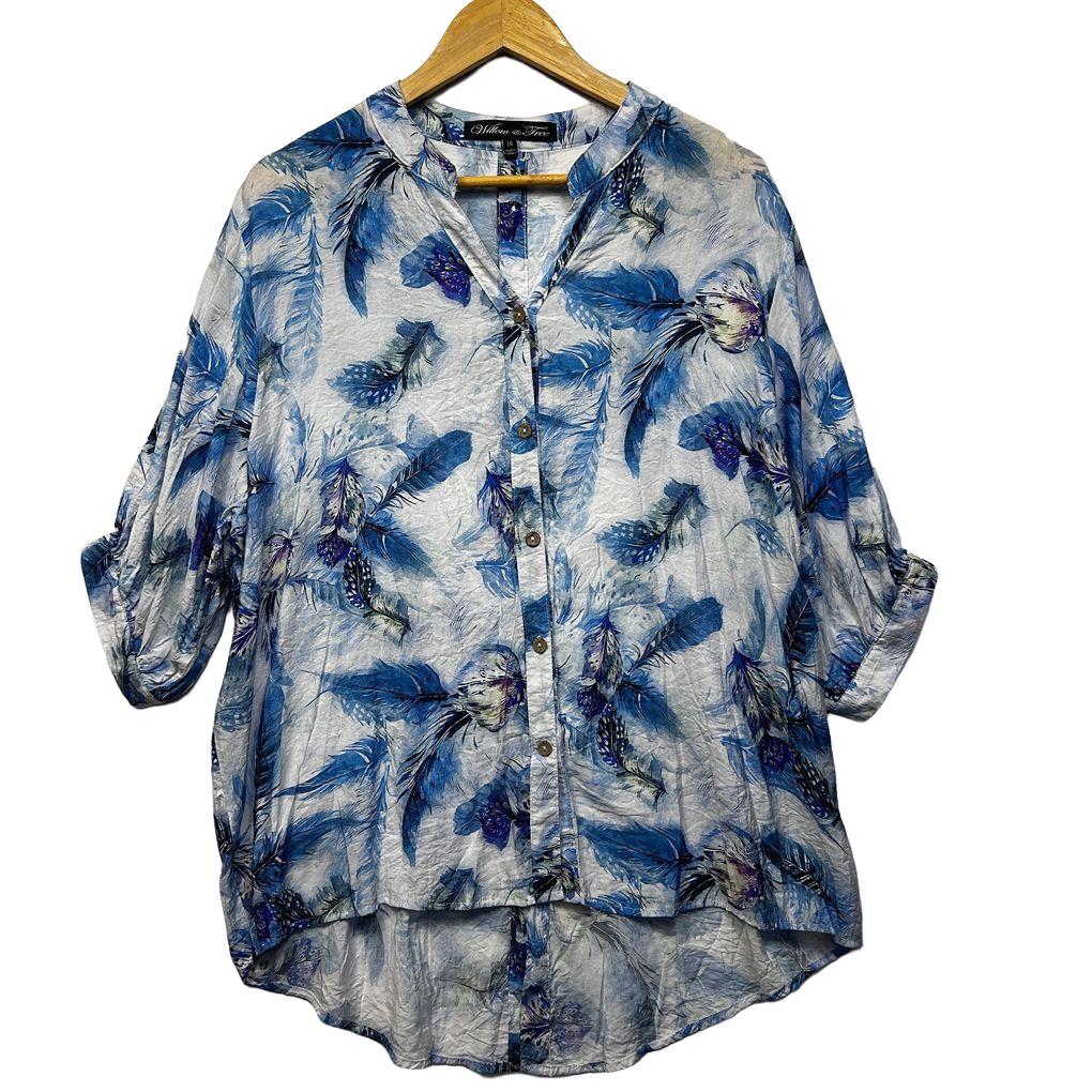 Willow & Tree Blue Feather Print Linen Top - Size 16