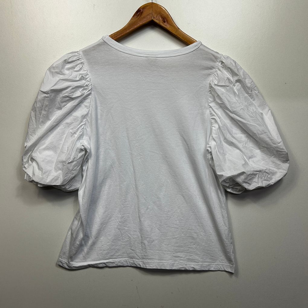 H&M White Puff Sleeve Cotton Top - Size L