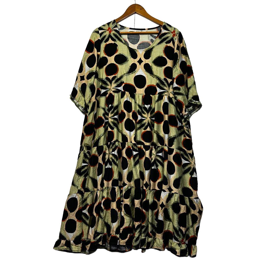 Indigo Designs Green Print Plus Size Linen Dress - Size 2XL