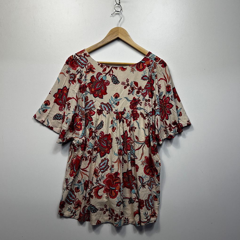Rockmans Cream Linen Floral Top - Size 16