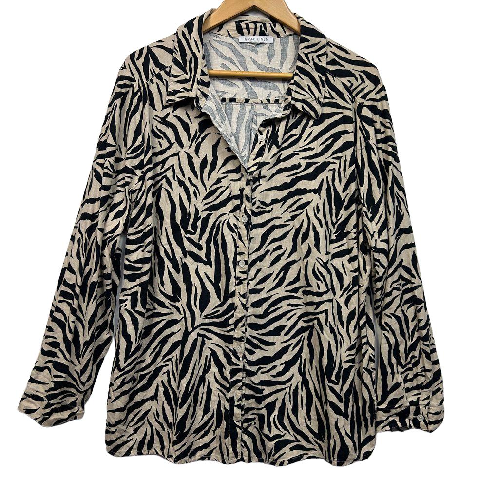 Suzanne Grae Linen Beige Animal Print Linen Shirt - Size 16/18