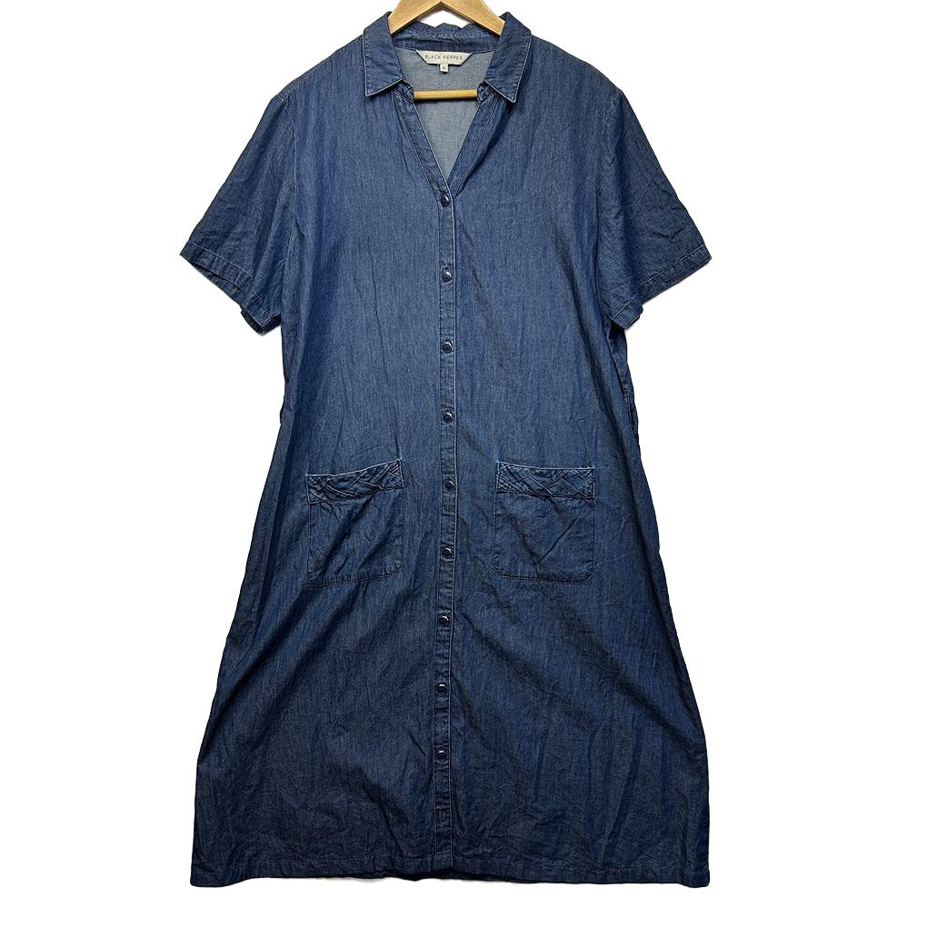 Black Pepper Blue Chambray Cotton Shirt Dress - Size 16
