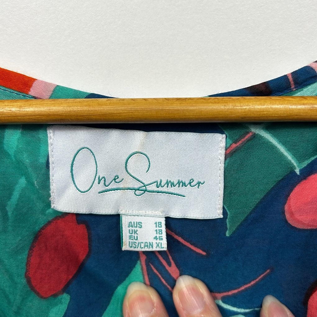 One Summer Navy Multicoloured Print Cotton Dress - Size 18