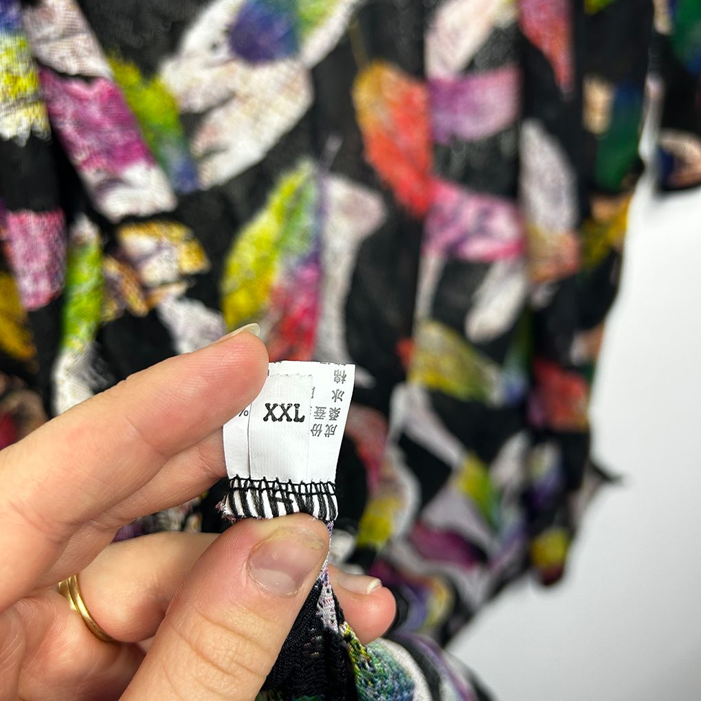 Black Feather Print Plus Size Cotton Silk Kimono - Size XXL