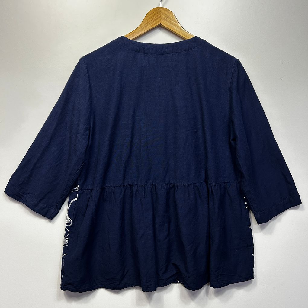 W.Lane Navy Embroidered Linen Top - Size 14