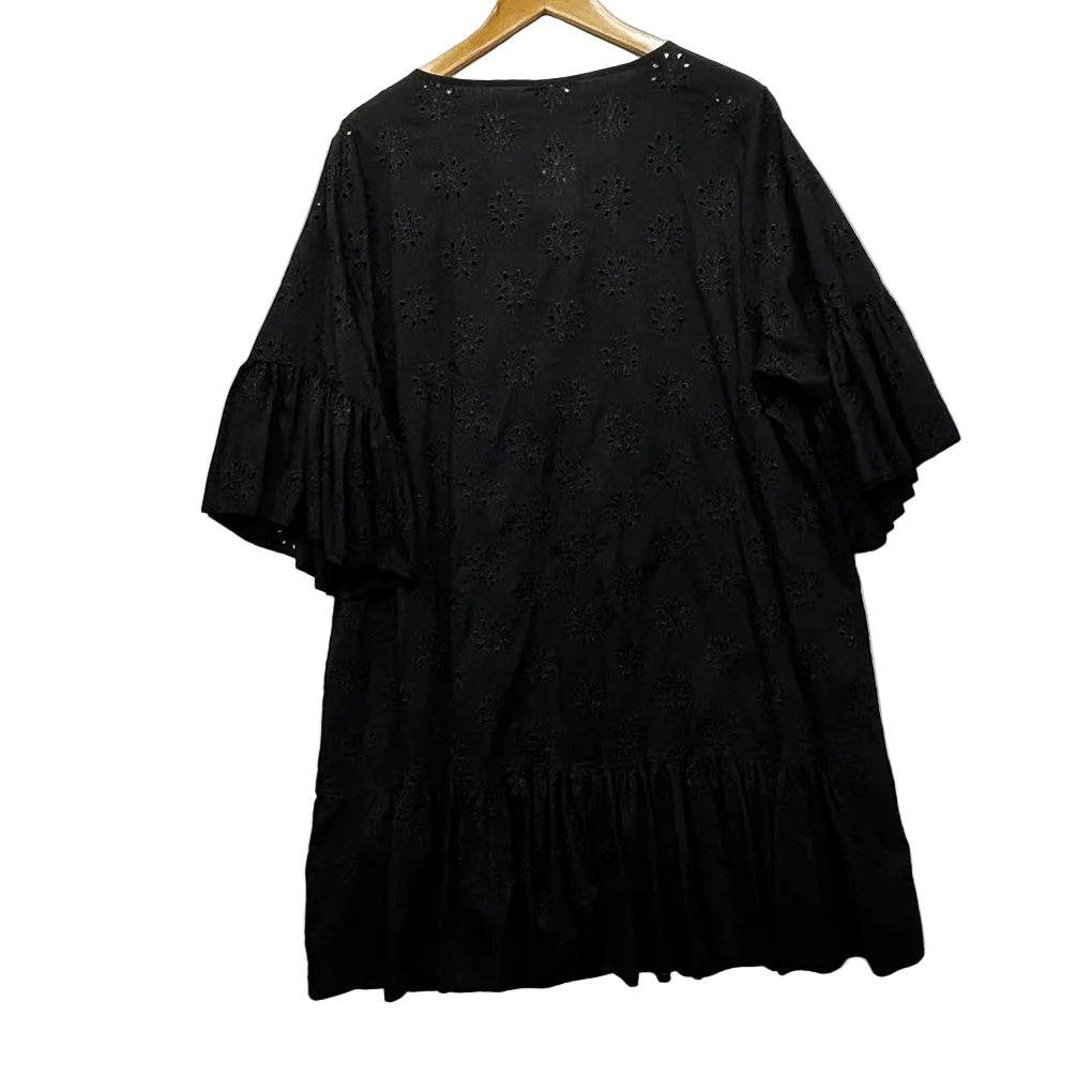 Taking Shape Black Cotton Button Up Broderie Longline Tunic Top - Size 18
