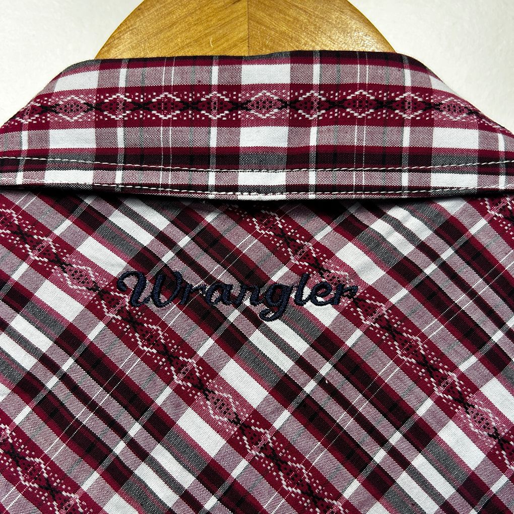 Wrangler Burgundy Plaid Pearl Snap Cotton Shirt - Size 16