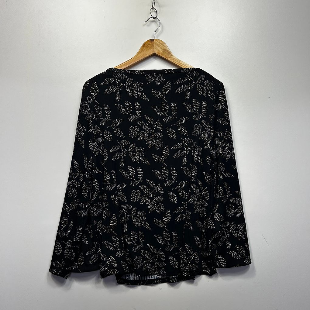 Sussan Black Leaf Print Long Sleeve Top - Size XL