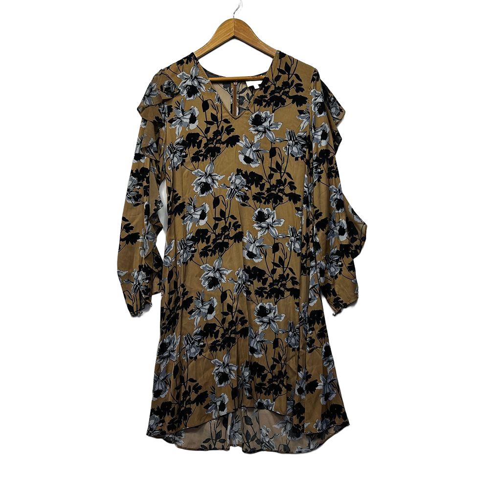 Witchery Tan Floral Long Sleeve Dress - Size 12