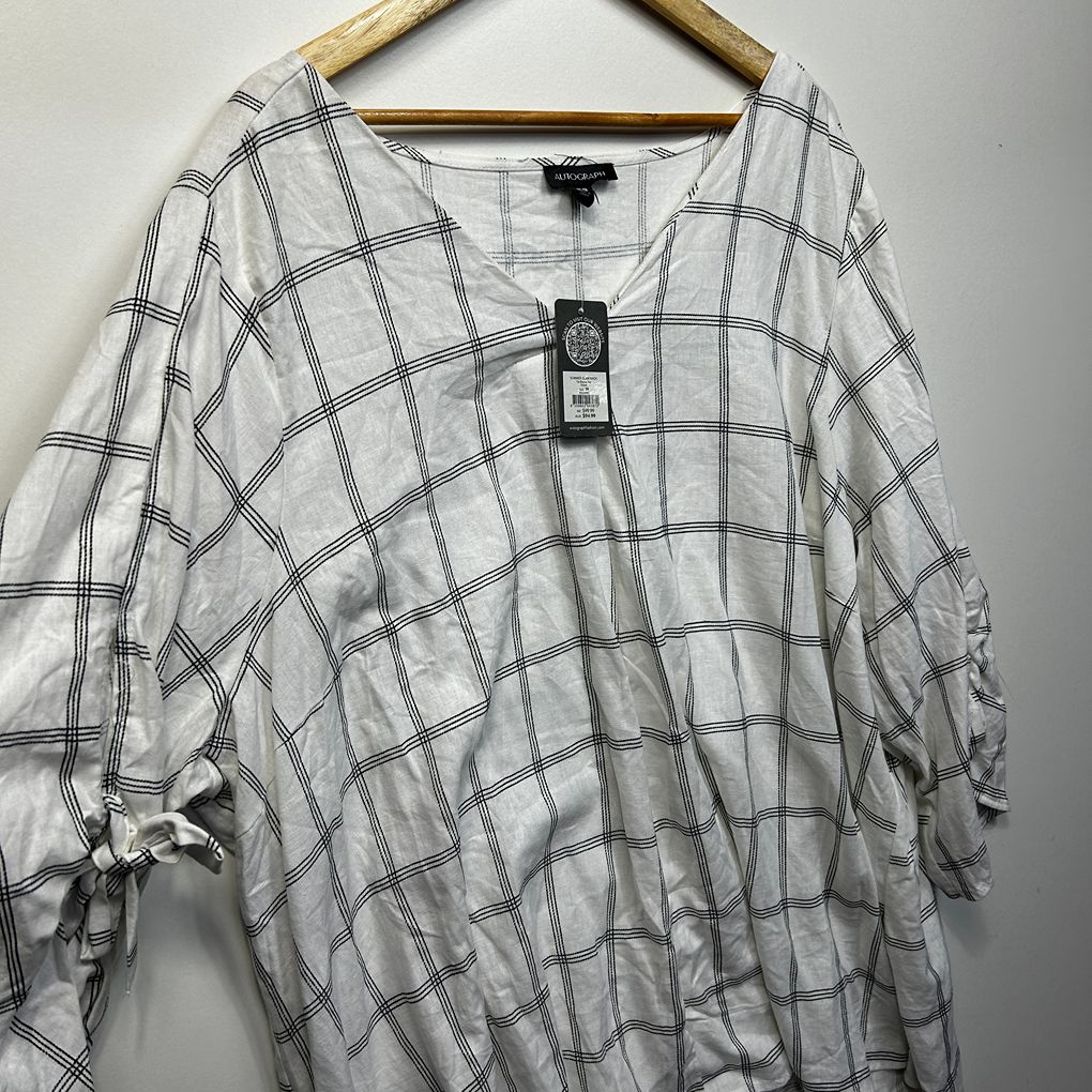 Autograph White Check Plus Size Linen Top - Size 30