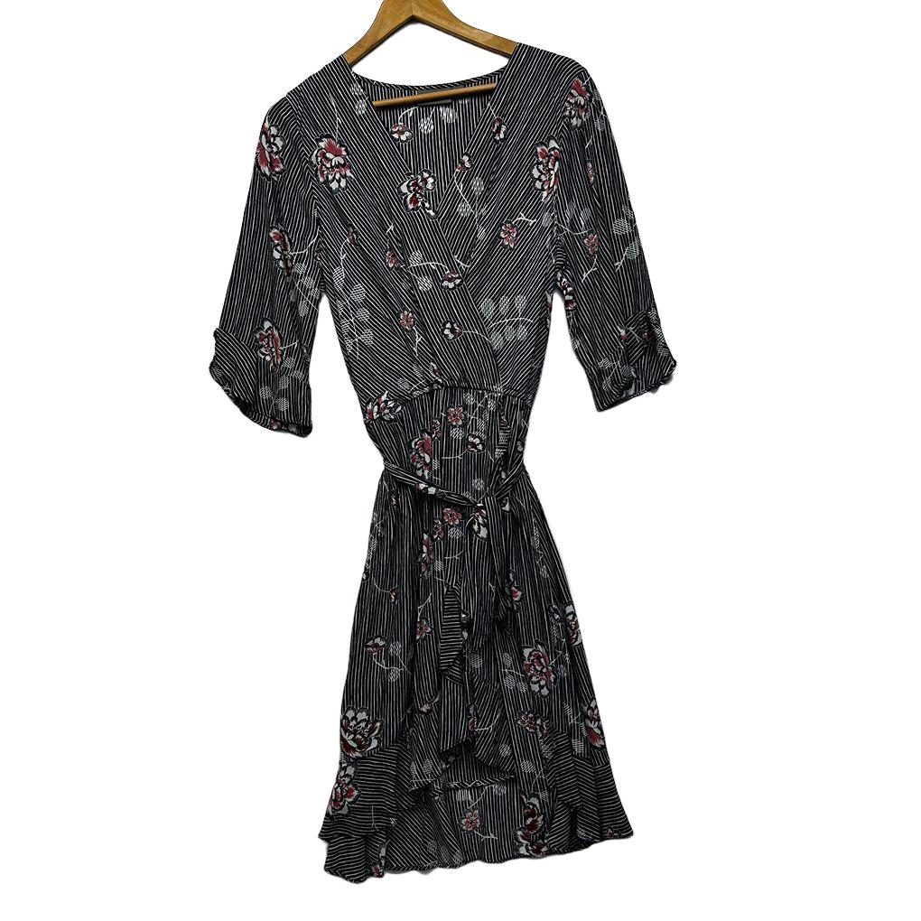 Sussan Black Floral Stripe Dress - Size 16