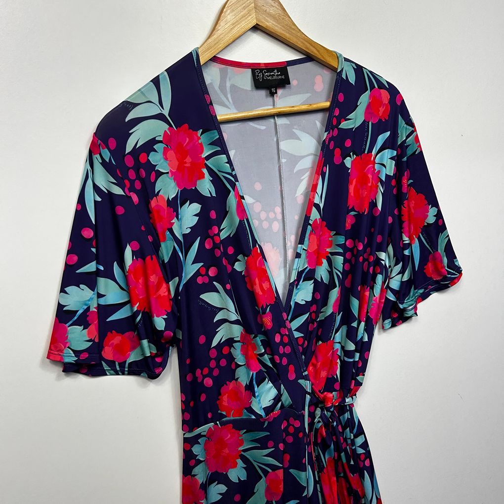 By Samantha Melbourne Navy Floral Wrap Dress - Size 16