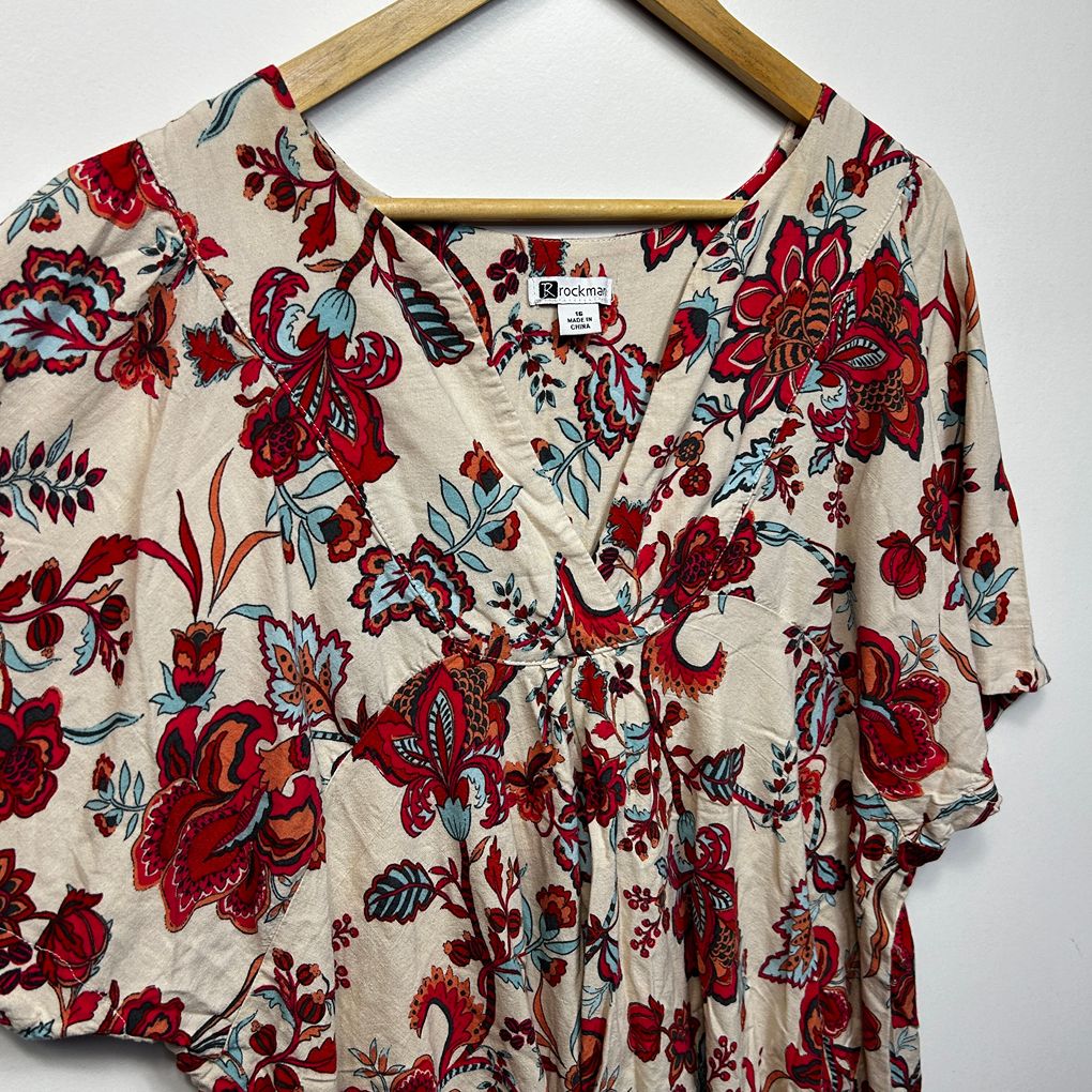 Rockmans Cream Linen Floral Top - Size 16