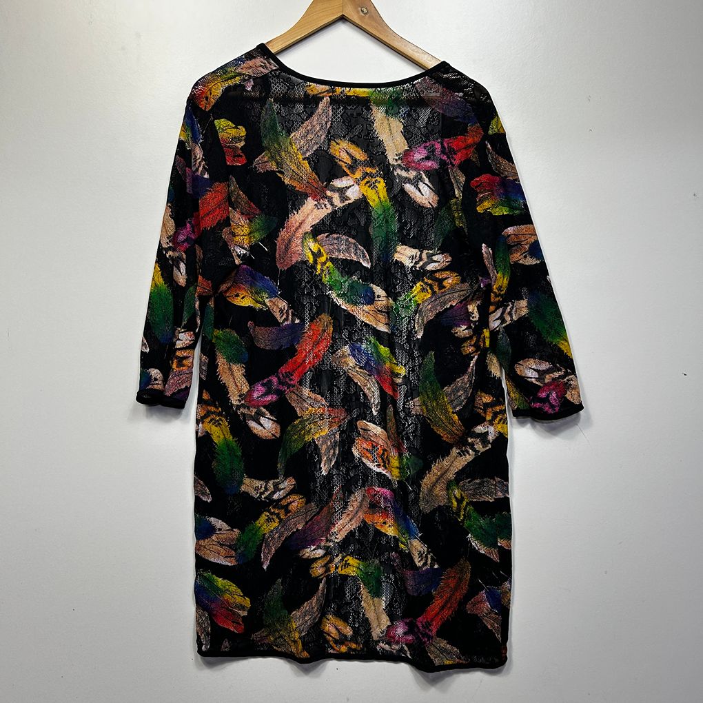 Black Feather Print Plus Size Cotton Silk Kimono - Size XXL