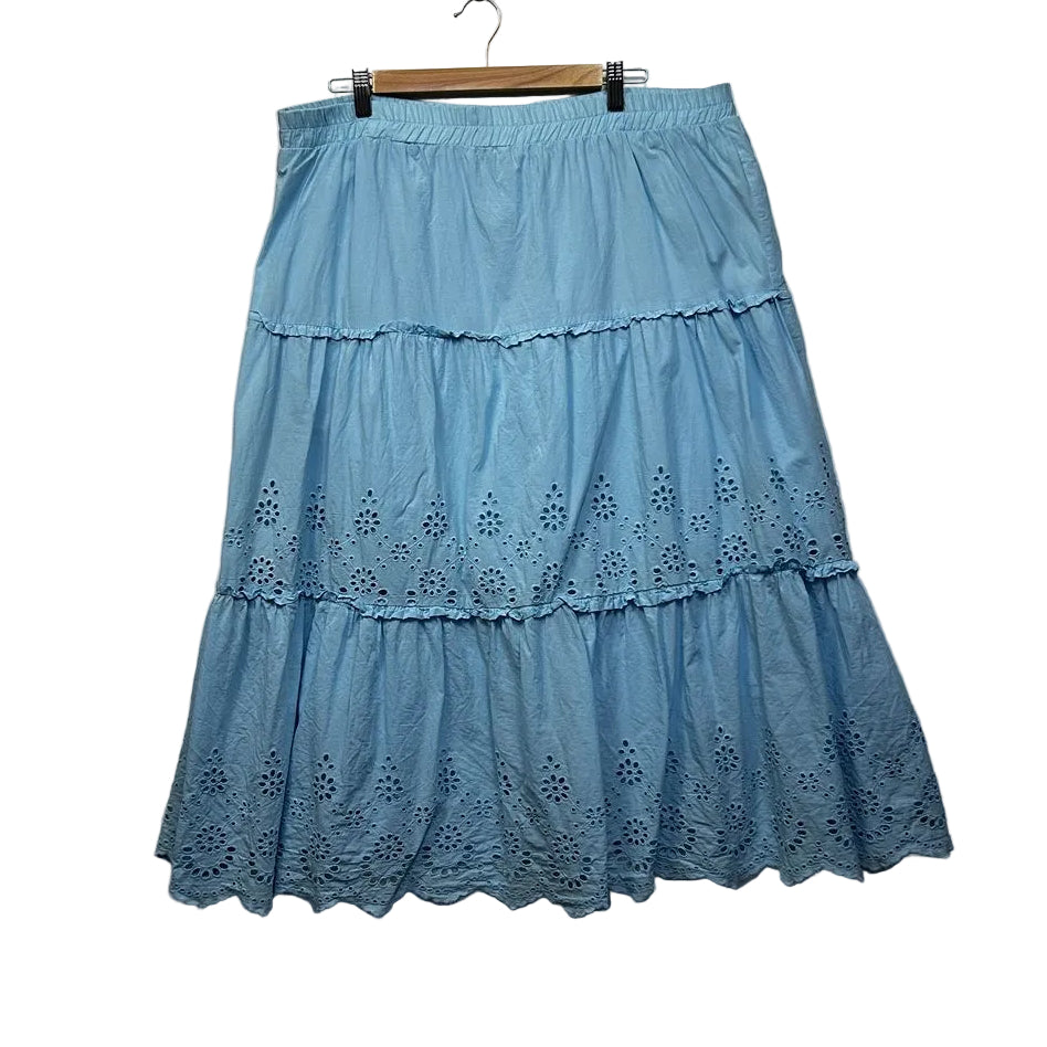 Rockmans Blue Embroidered Broderie Cotton Tiered Midi Skirt - Size 18