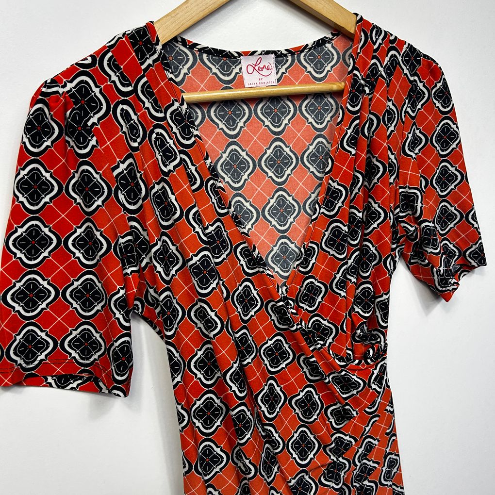 Leona Edmiston Orange Black Geometric Print Wrap Short Sleeve Dress - Size 12