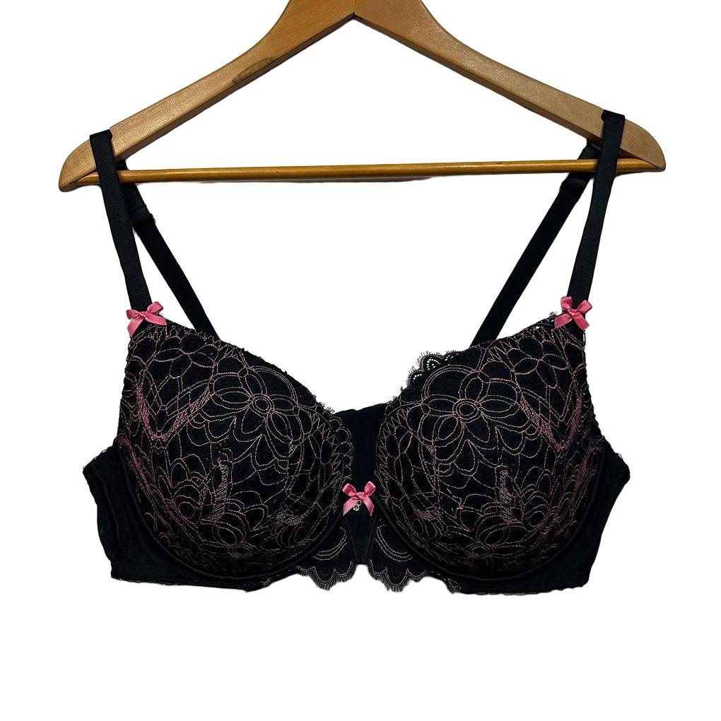 Bras N Things Black & Pink Embroidered Lace Bra - Size 18D