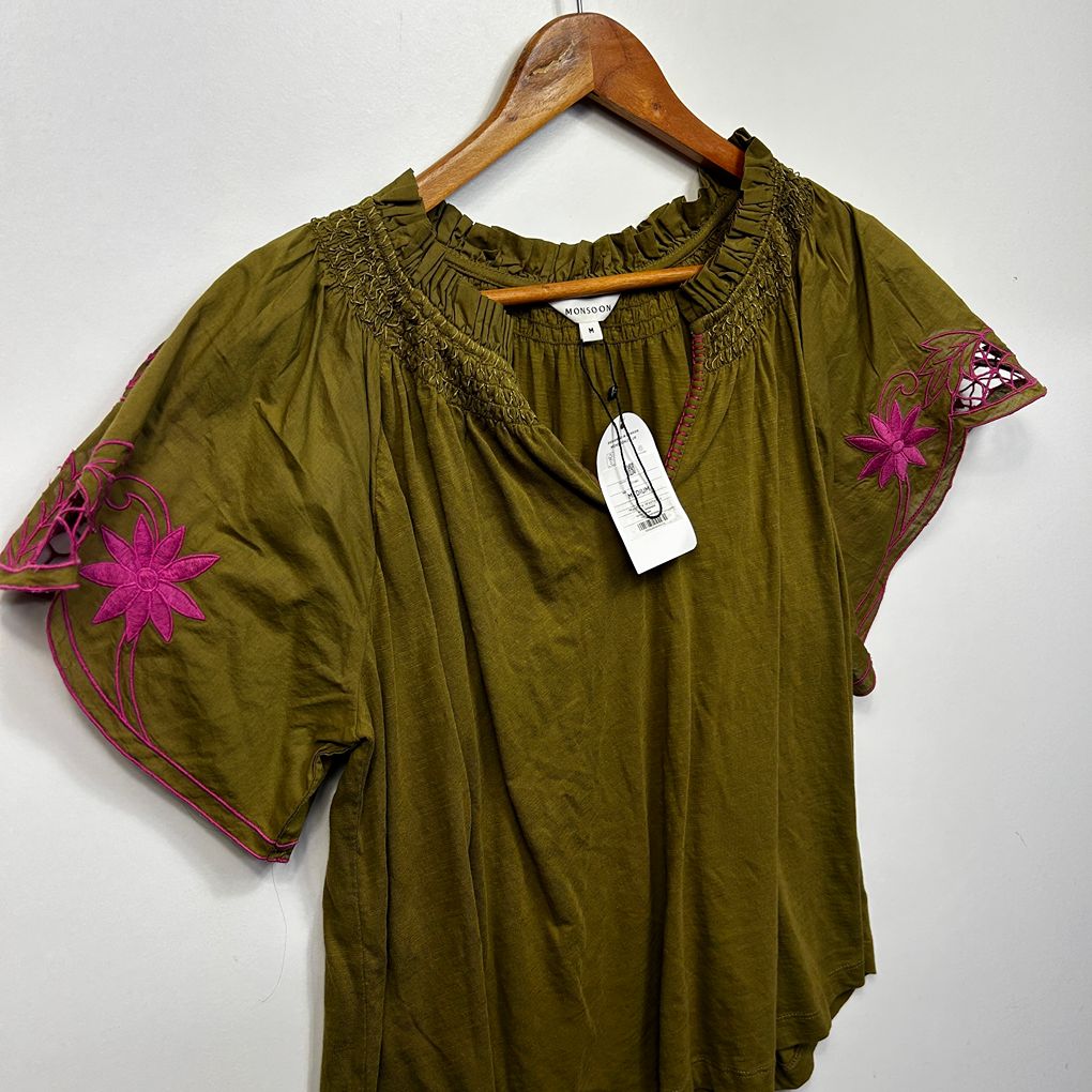 Monsoon Olive Embroidered Cotton Top - Size M/12