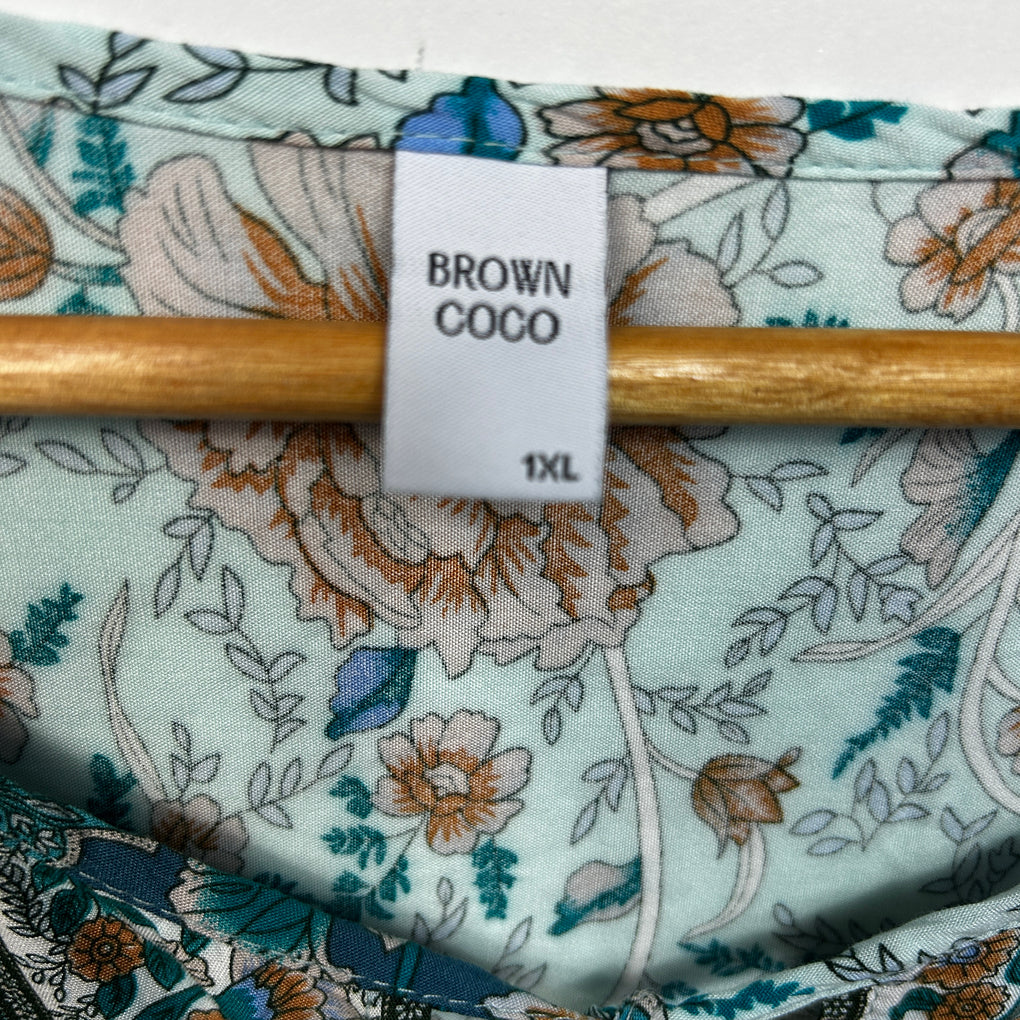 Brown Coco Teal Floral Top - Size 1XL