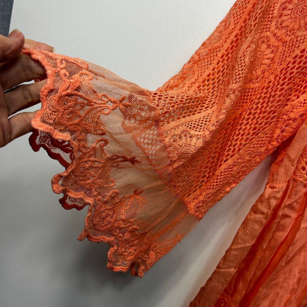 Donna Donna Italian Orange Lace Sequin Silk Tunic Top - One Size 14/16