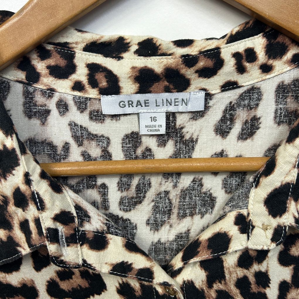 Suzanne Grae Linen Leopard Print Linen Shirt - Size 16