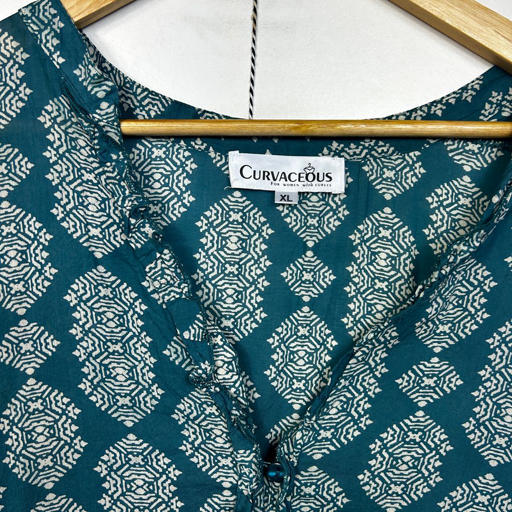 Curvaceous Teal Plus Size Cotton Boho Maxi Dress - Size XL/22