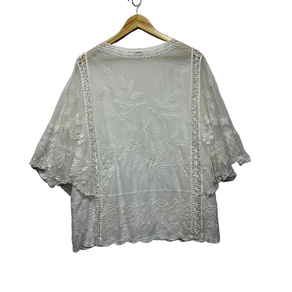 W.Lane White Lace Overlay Embroidered Boho Cotton Top - Size 14