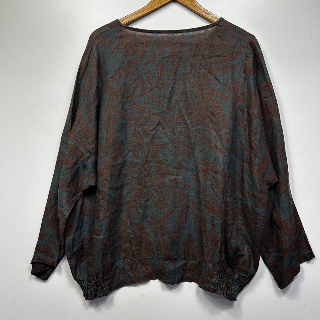 Italian Brown Grey Print Linen Top - Size 16/18