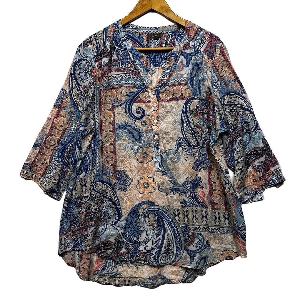 Katies Blue Paisley Cotton 3/4 Sleeve Tunic Top - Size 18