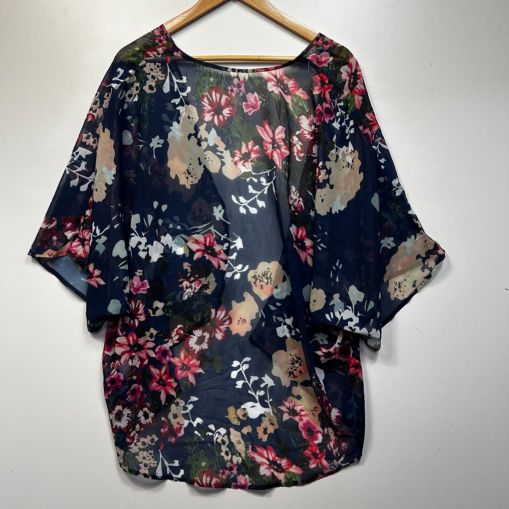 Navy Floral Sheer Kimono - Size L